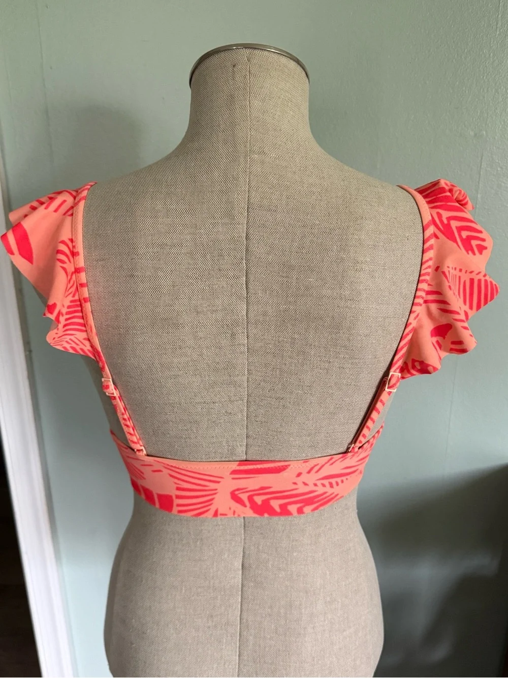 Aerie Neon Orange Pink Ruffle Triangle Swimsuit Top Size Small